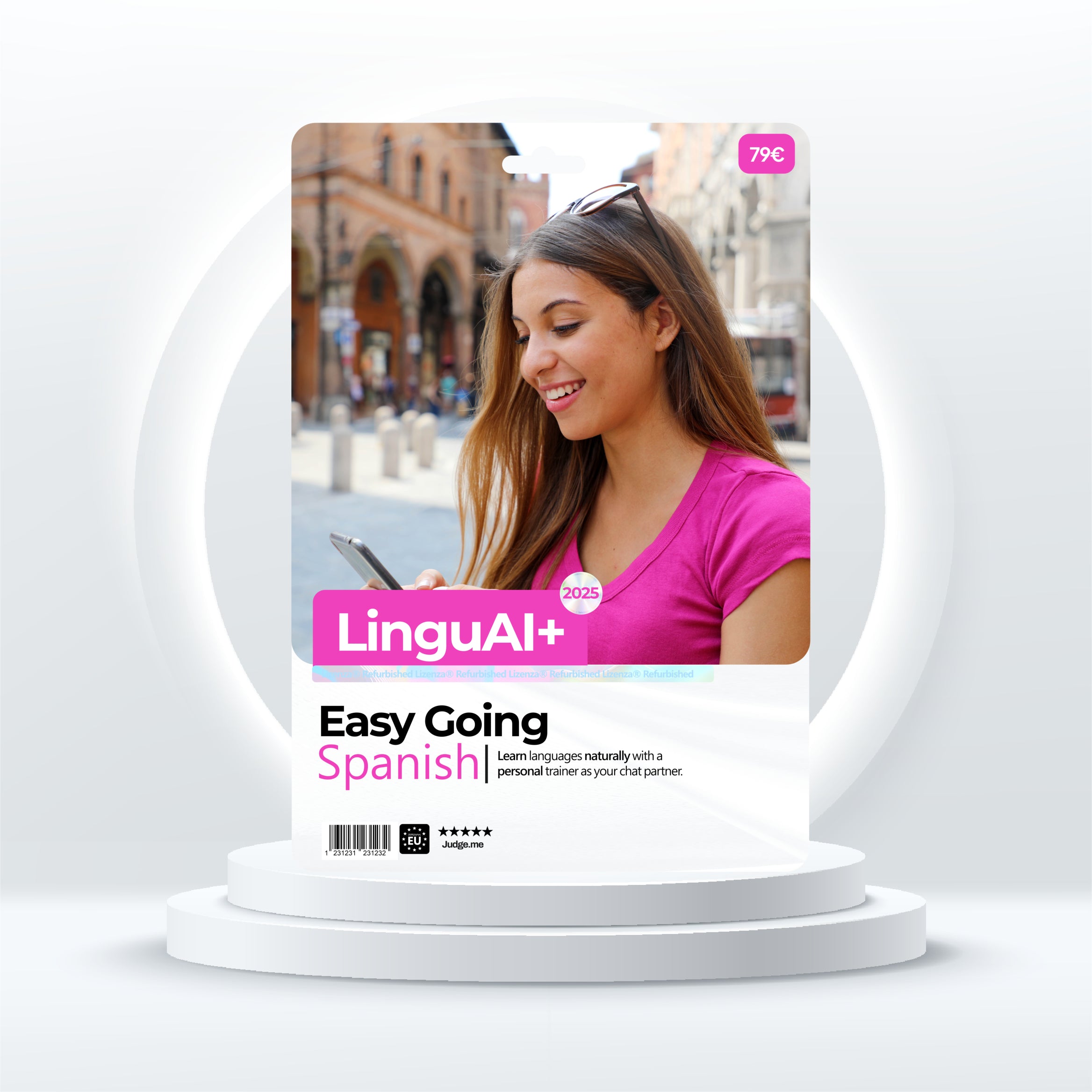 LinguAI Easy Going Spanish language learning app featuring a woman engaging with a smartphone.